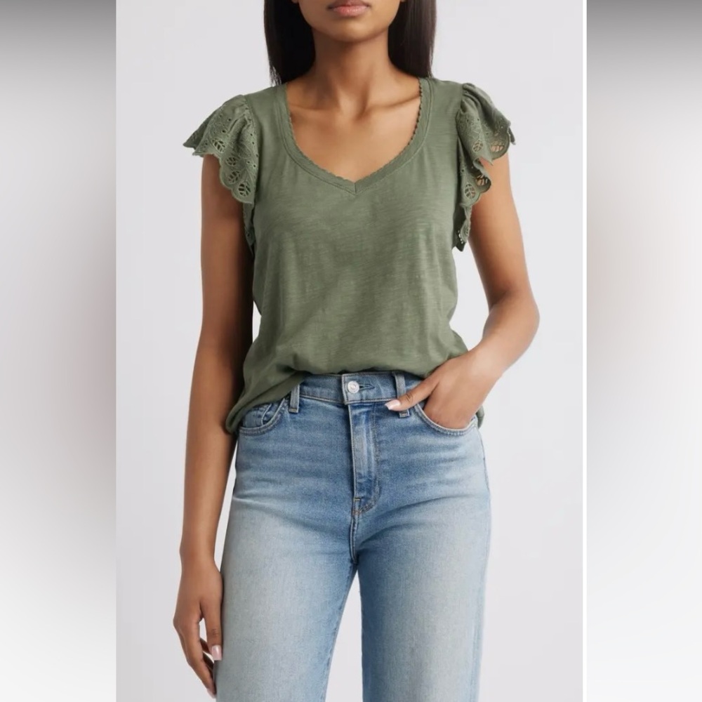 Wit & Wisdom Eyelet Flutter Sleeve Jersey T-Shirt Size XL Oregano BNWT